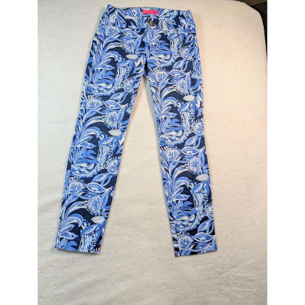 Lilly Pulitzer‎ Kelly Ankle Pants Blue White Floral Jacquard Slim Fit Size 2